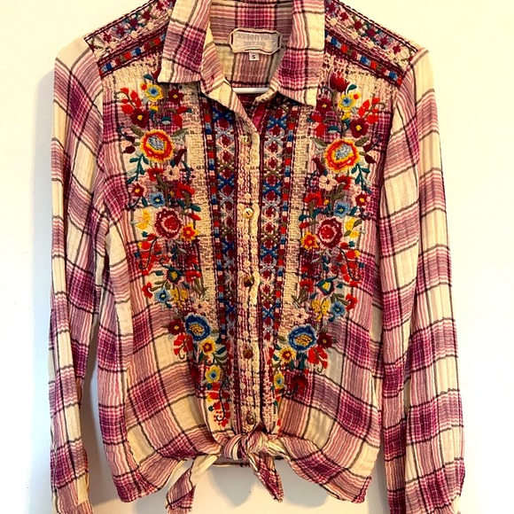 Johnny Was Workshop Pink Button Up Tie Waist Top Small - Picture 2 of 7